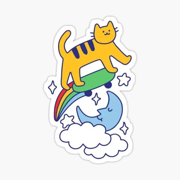 Cat Flying On A Skateboard  5PCS Stickers for Stickers Cute Print Luggage Decorations Living Room Laptop Cartoon Bac
